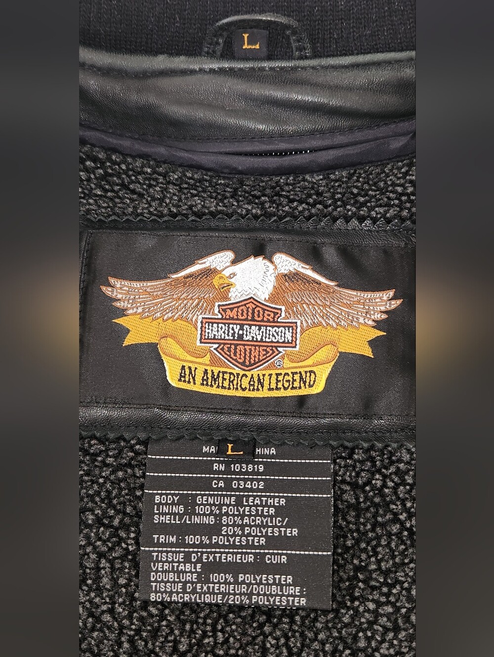 Vintage 100th Yr. Harley-Davidson Black/Grey Leather Bomber Jacket - Picture 3 of 8